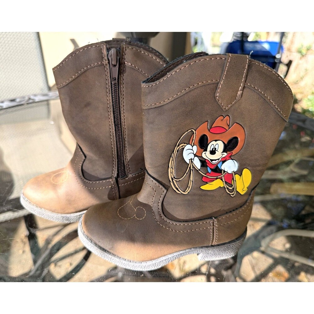 Disney Mickey Mouse Cowboy Boots Kids Size 7 Brown Western Rodeo Side Zip